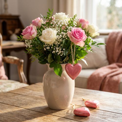 Dekorativ henger tre trehjerter dekorasjon rosa skinnende 6cm 8 stk | Floristik24.no