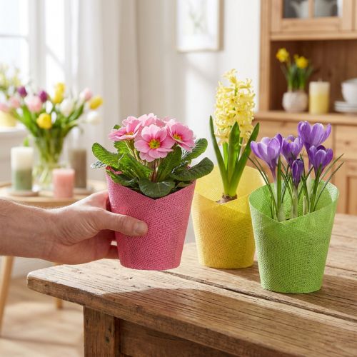 Plantekar papir plantekrukke vevd rosa gul grønn Ø9cm H18cm 9stk | Floristik24.no