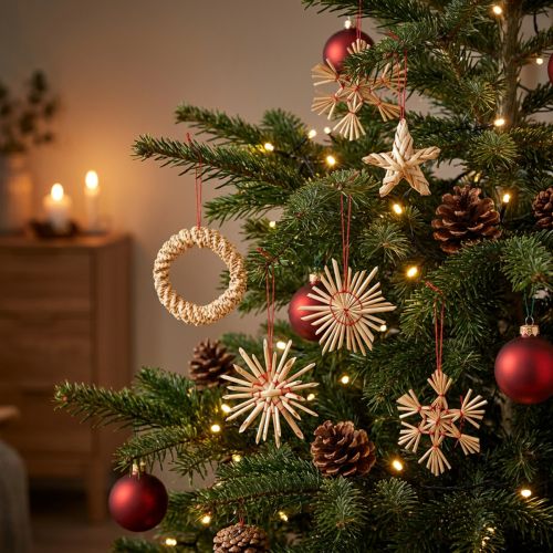 Halmstjerner juletrepynt halm naturrød Ø4-6cm 17 stk | Floristik24.no