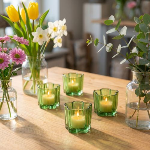 Dekorative telysholdere i glass, blomsterformet, grønn, Ø7,5 cm, H6 cm, 6 stk. | Floristik24.no