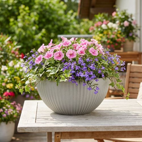 Blomsterpotte i plast, grå, marmorert skål med riller, Ø30 cm | Floristik24.no