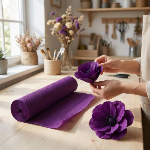 Blomsterdekorert kreppapir mørk lilla 50x250cm | Floristik24.no