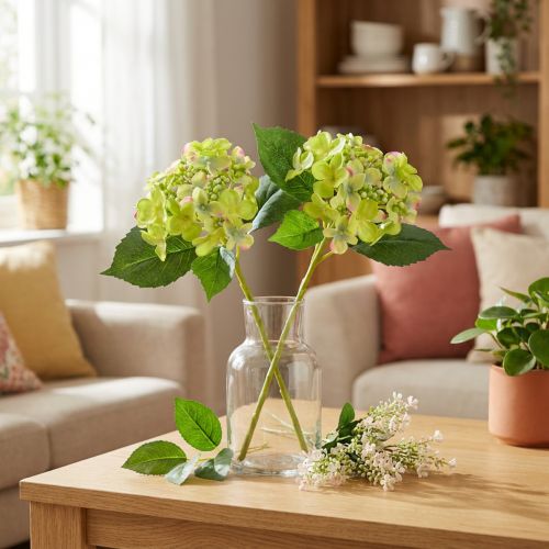 Kunstige Hortensia Grønne Blomster Blader L43cm 2stk | Floristik24.no