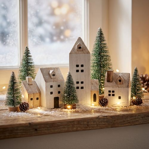 Mini julelandsby tredekorasjon hvit naturfarget H13/7cm 6 stk | Floristik24.no