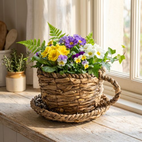Plantekopp med skål, liten plantekurv av strå, Ø17 cm H13 cm | Floristik24.no