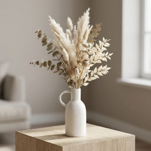 gjenstander Hvit keramikkvase for tørrdekorasjon, vase med hank, Ø9 cm, H21 cm