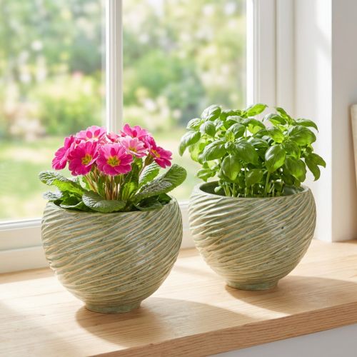 Plantekar dekorativ skål keramikk i grønn Ø15cm H11cm 2stk | Floristik24.no