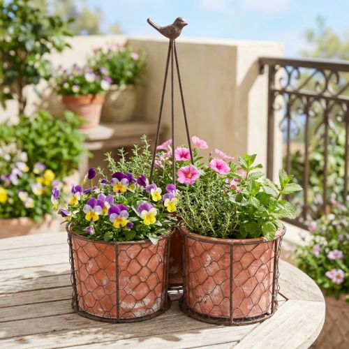gjenstander Blomsterpotte keramisk nettingkurv metall brun Ø30cm H11,5cm