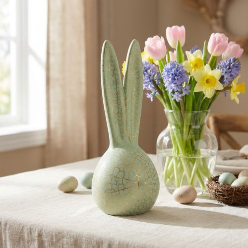 Kaninhode påskehare dekorasjon mintgrønt gull craquelure H28cm | Floristik24.no