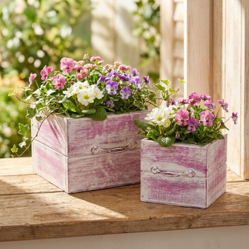 Planteskuff med håndtak rosa hvit tre 12/15cm sett med 2 stk | Floristik24.no