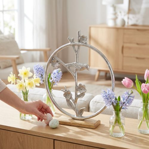 Borddekorasjonsfjær, dekorativ ring fugl deco sølv H32,5cm | Floristik24.no