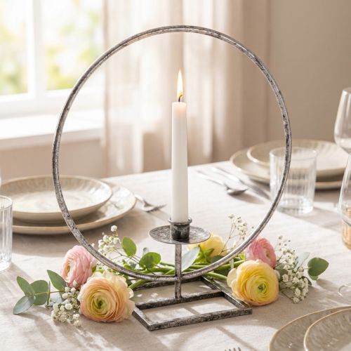 Dekorring metall lysestake sølv shabby chic Ø32cm | Floristik24.no
