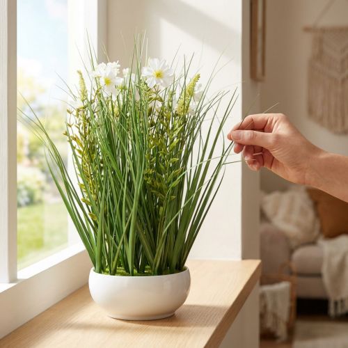 Dekorativt gress med Cosmea blomster i en bolle H45cm | Floristik24.no