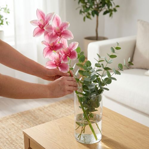 Cymbidium orkidé kunstig 5 blomster rosa 65cm | Floristik24.no