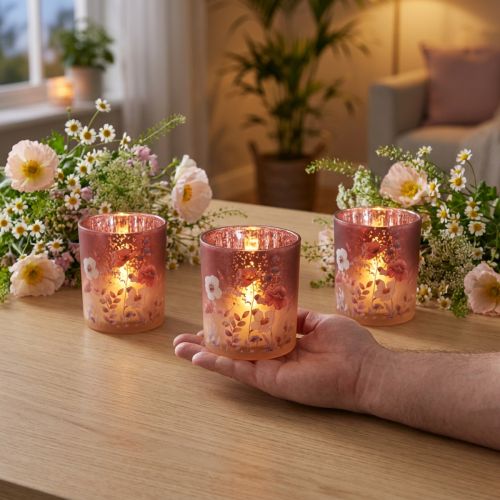 gjenstander Elegant lysestake med blomstermotiver for stemningsfull romdesign, 8 cm, 4 stk.