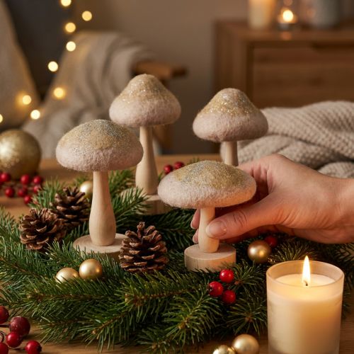 Dekorative sopper i tre og filt med glitter, adventsborddekorasjon, 11 cm høye, 4 stk. | Floristik24.no