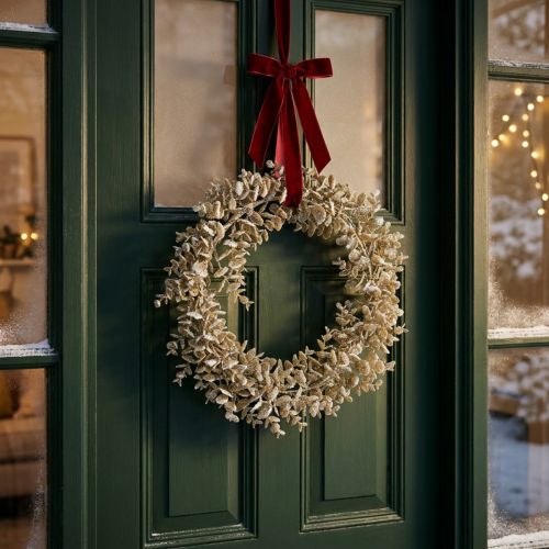 gjenstander Deco krans kunstig eukalyptus Gylden, snødd Ø36cm