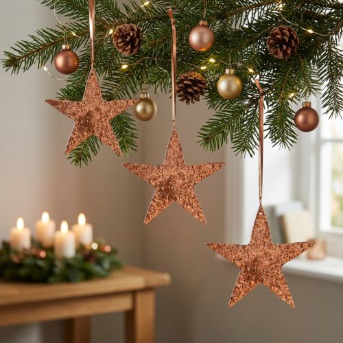 Dekorativ stjerne til å henge, adventsdekorasjon, metallpendler kobberfarget 12 × 13cm 3stk | Floristik24.no