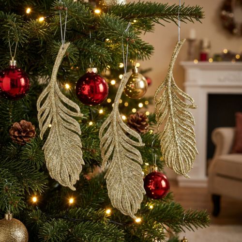 Dekorative fjær, trepynt med glitter, adventsdekorasjoner, fjær til å henge gylden L22cm 12stk. | Floristik24.no