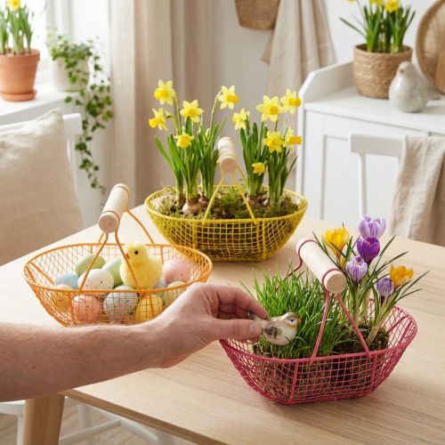 Trådkurv med trehåndtak. Praktisk design. Ideell for vårdekorasjoner, hjem og kontor. 17 cm, 6 deler. | Floristik24.no
