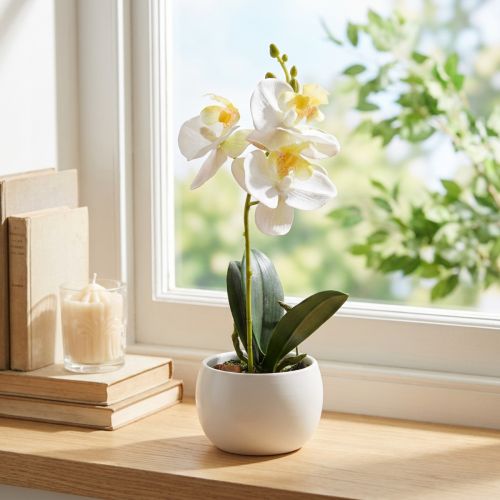 Kunstige orkideer i potte hvite miniorkideer Ø7cm H22cm | Floristik24.no