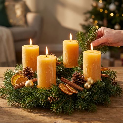 gjenstander Adventslys, gule rustikke, 70/110 mm, 4 stk - ensfargede kuppellys for stemningsfull julepynt