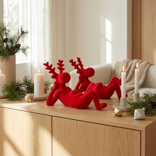 Dekorativ rød reinsdyrfigur, liggende, moderne design, 24 cm, 2 stk. | Floristik24.no