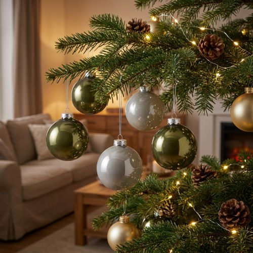 Julekuler glasskuler oliven sølvgrå Ø7,5 cm 12 stk | Floristik24.no