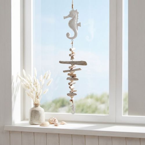 Maritim dekorasjon Garland Drivved skjell Seahorse Hvit 55cm | Floristik24.no