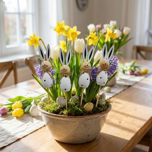 gjenstander Trepåskehareblomsterstaker, svart/hvit, 34 cm høye, 4 deler
