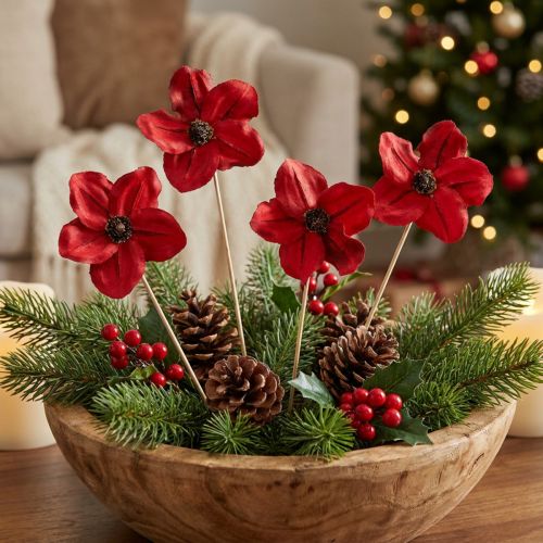 Blomsterstaker i tre, røde, dekorative, 9–12 cm, 45 cm, 15 stk. | Floristik24.no