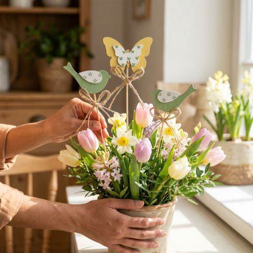 Plugg fuglesommerfugl, tredekor, planteplugg vårdekor grønn, gul L24/25cm 12stk | Floristik24.no