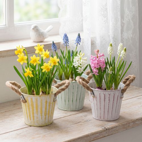 gjenstander Plantebøtte, metallpotte med håndtak, dekorativ blomsterkasse, rosa/grønn/gul, shabby chic, Ø12 cm, H10 cm, sett med 3