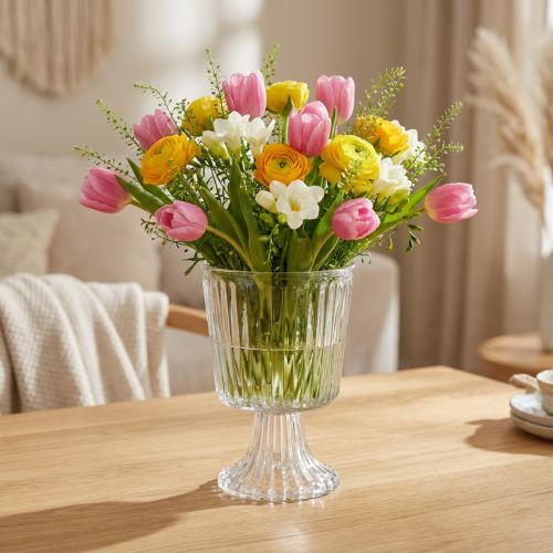 Glassvase med fot dekorativ riflet glasskopp Ø13cm H19cm | Floristik24.no