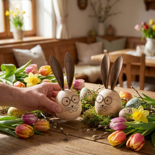 Dekorativ kanin laget av tre og metall med et humoristisk design, et vennlig blikkfang, 19 cm, 2 stk. | Floristik24.no