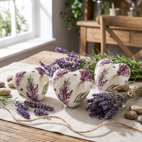 Hjertepynt Keramisk dekorasjon Lavendel Borddekorasjon Steintøy 8,5cm 3stk | Floristik24.no