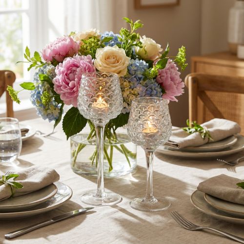 gjenstander Telysholder i glass med kjegleformet base, H19,5/22,5 cm, sett med 2 stk.