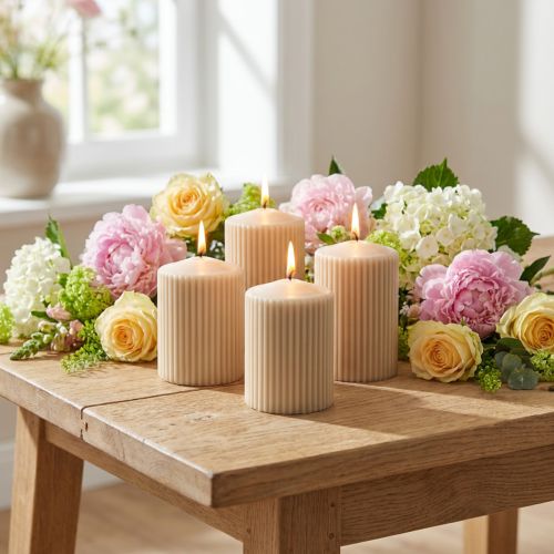 Søylelys beige rillet lys 70/90mm 4 stk | Floristik24.no