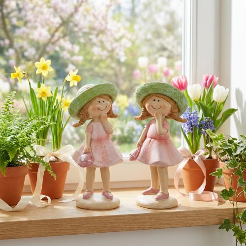 Dekorative figurer av jenter med hatter, rosa og grønn, 6,5x5,5x14,5 cm, 2 stk. | Floristik24.no