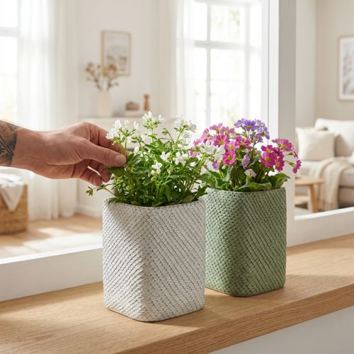Plantekar keramisk hvit grønn relieff mesh 12x12cm H17,5cm 2stk | Floristik24.no