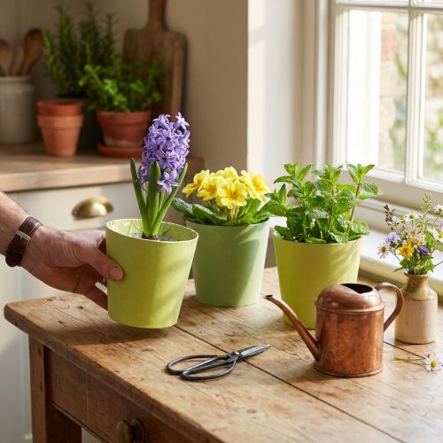 Papir cachepot, plantekasse, potte for planting blå/grønn Ø13cm H12,5cm 4stk | Floristik24.no