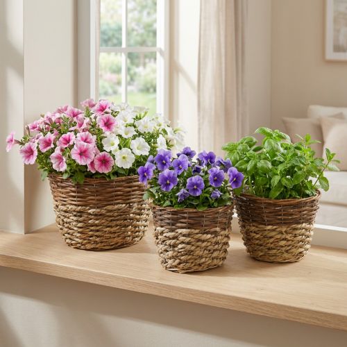 Naturlig kurv for planting, kurvdekorasjon, planteskåler natur L21/19/16cm H21/19/16cm sett med 3 stk. | Floristik24.no