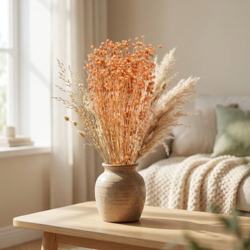 Dekorative tørkede linblomster aprikos naturlig 80g boho dekorasjon | Floristik24.no