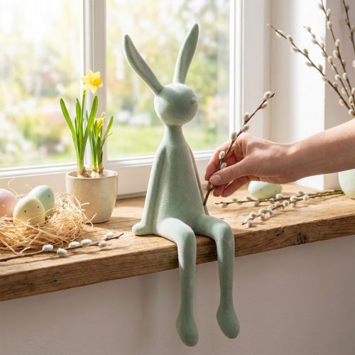 Påskeharehylle, sittende kanin, flokket, grågrønn, 56 cm | Floristik24.no