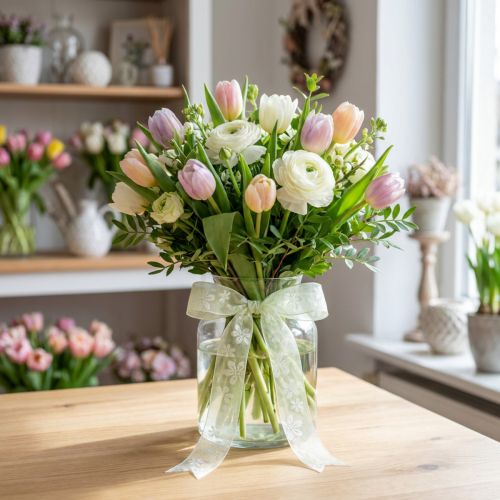 gjenstander Organzabånd, blomster, gavebånd, grønt, 25 mm, 18 m