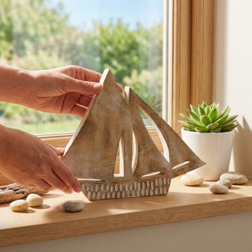 Treseilbåt, maritim dekorasjon, trebåt naturfarge, hvit H23cm | Floristik24.no