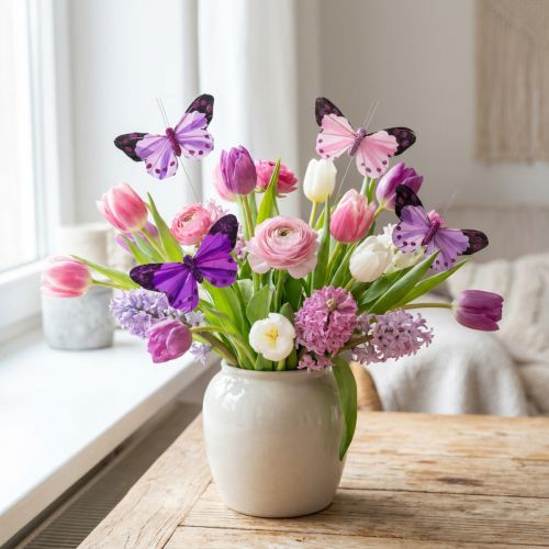 Deco sommerfugl på trådfjær sommerfugler lilla/rosa 9,5cm 12stk | Floristik24.no