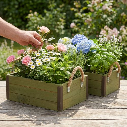 Vintage blomsterkasse plantekasse i tre grønn L24/30cm sett med 2 | Floristik24.no