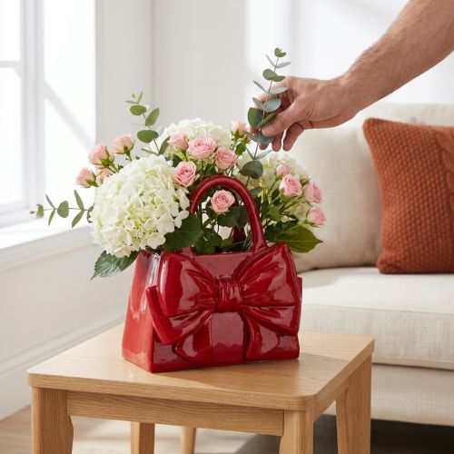 gjenstander Dekorativ håndveskevase med sløyfe, blank, 22 cm