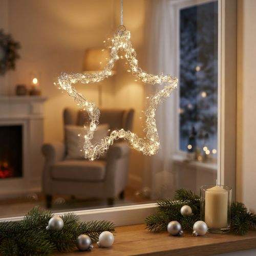LED-stjerne for oppheng sølvmetall 70 LED varmhvite Ø25cm | Floristik24.no